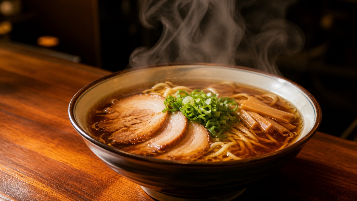 木のカウンターに置かれた、湯気の立つ一杯の醤油ラーメン