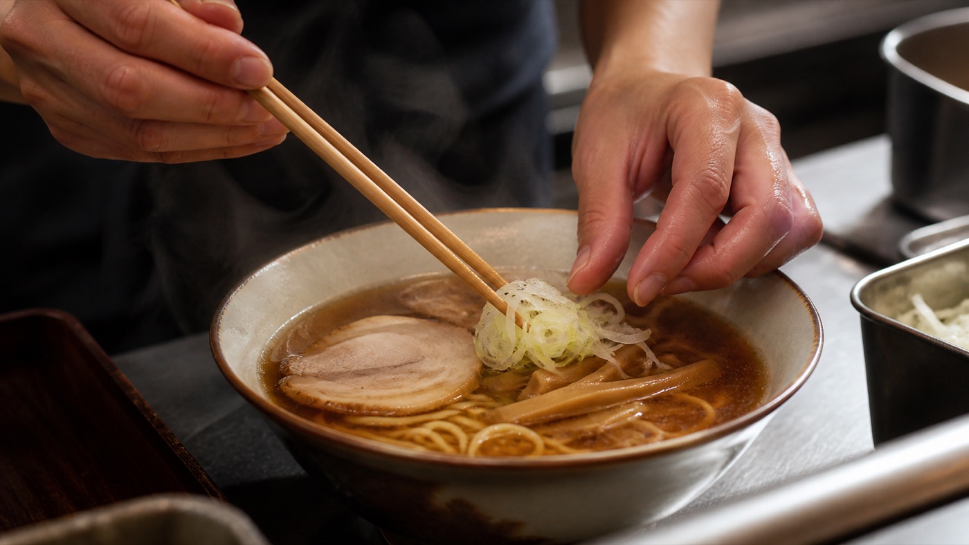 完成直前の醤油ラーメンに、箸でていねいにトッピングをのせる手元