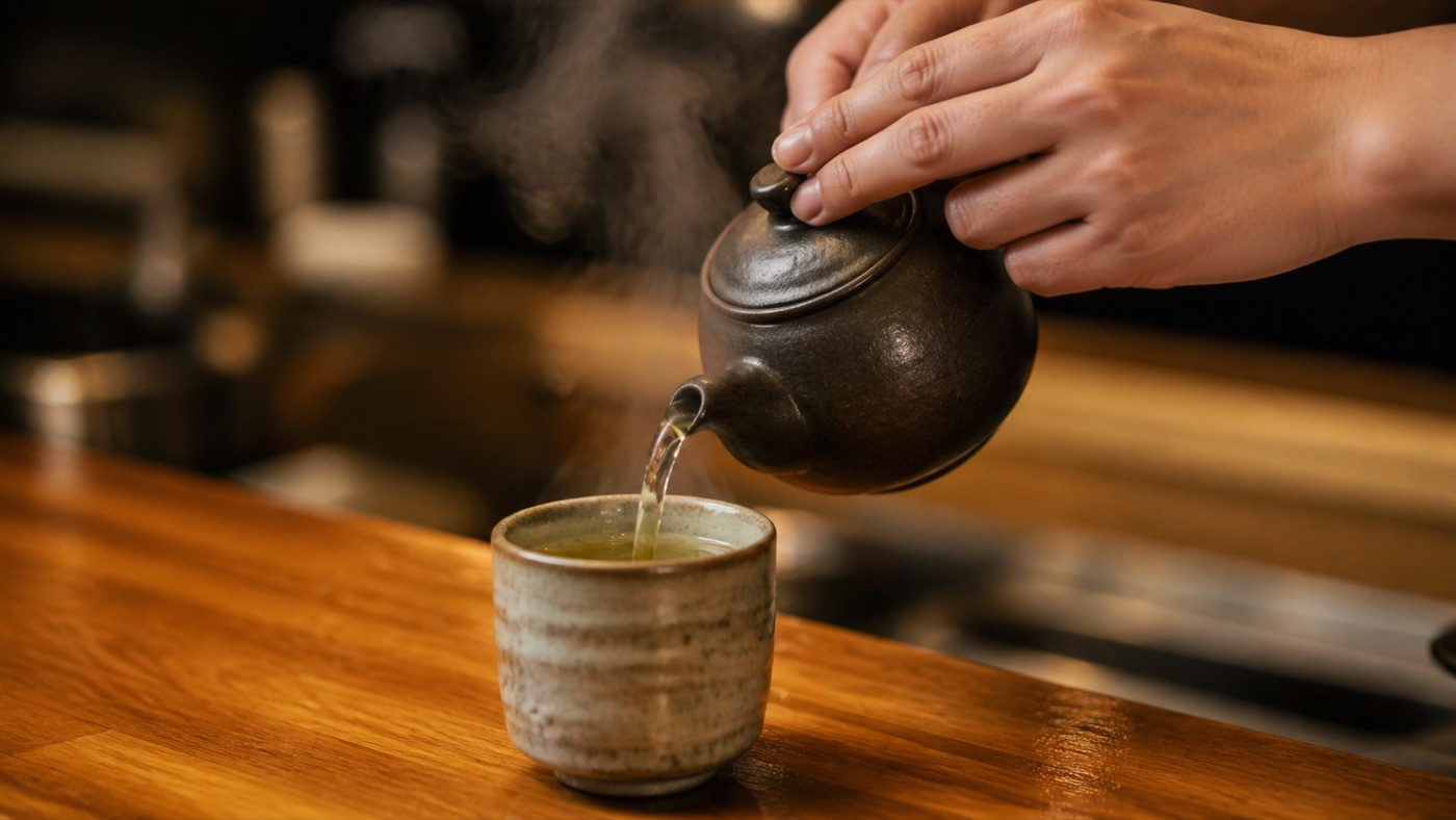 カウンター越しに、湯呑みへゆっくりお茶を注ぐ手元