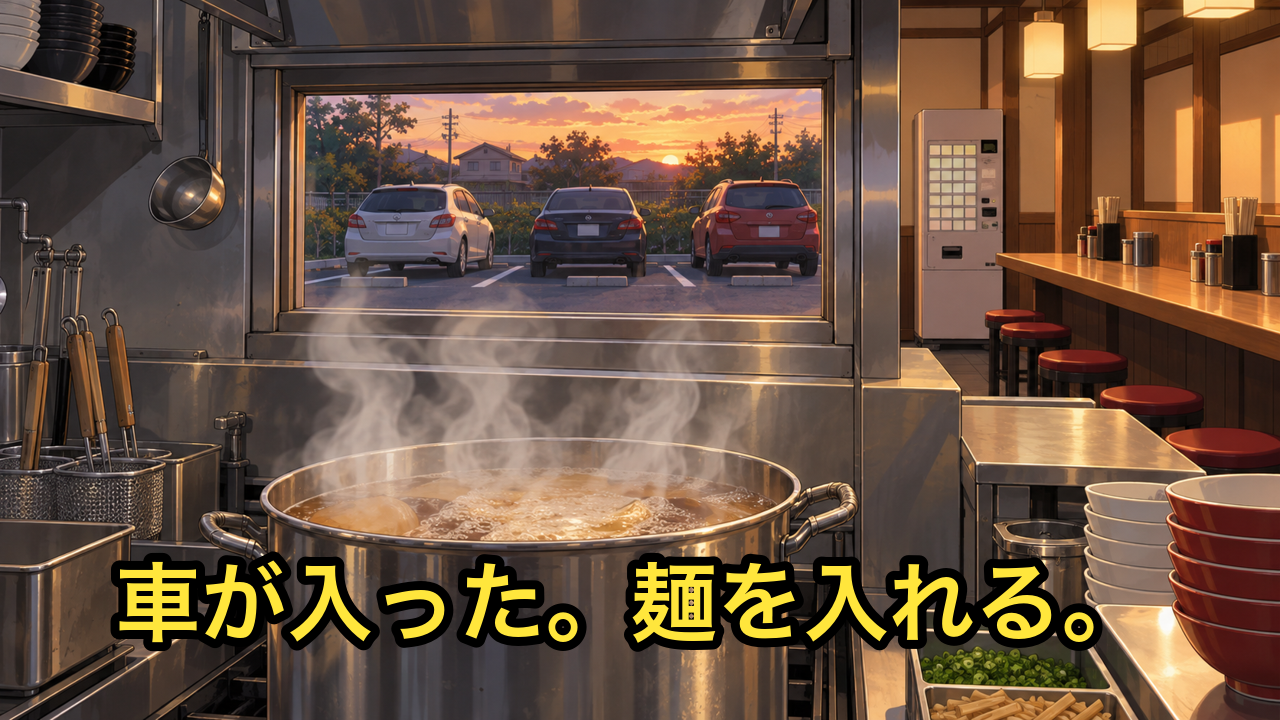 車が駐車場に入った瞬間、麺を茹でる話
