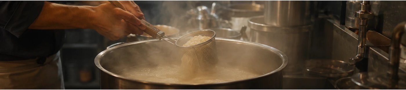 湯気の立つ寸胴から、麺をあげる手元