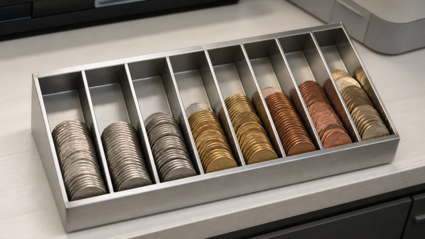 両替してきた硬貨がぎっしり並んだ、金属のコイントレー