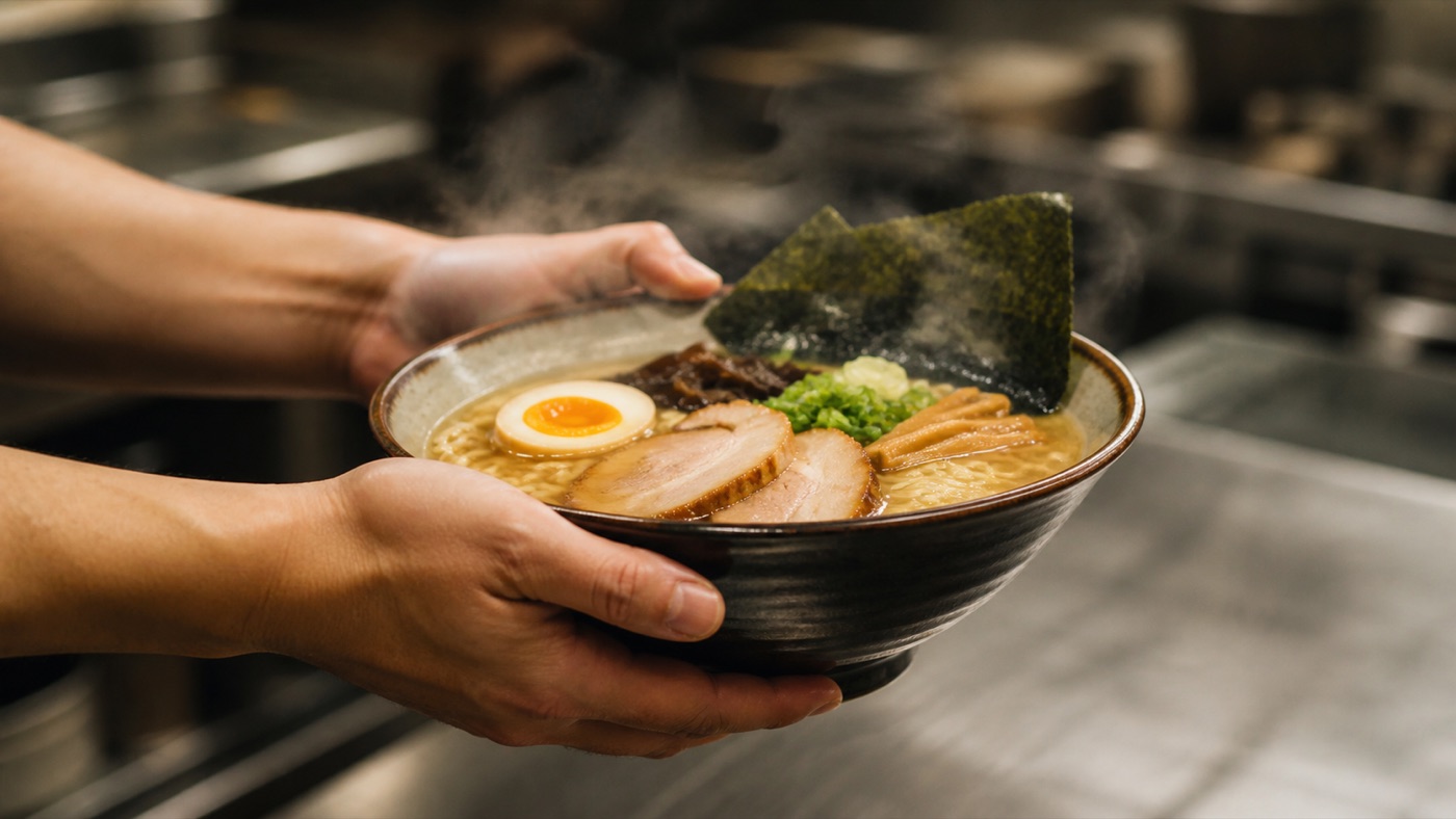 湯気の立つ丼を両手で持ち、素早く運ぶ手元