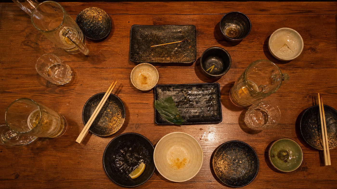 夜の居酒屋のテーブル。グラスが並び、乾杯が終わったあとの賑やかな気配