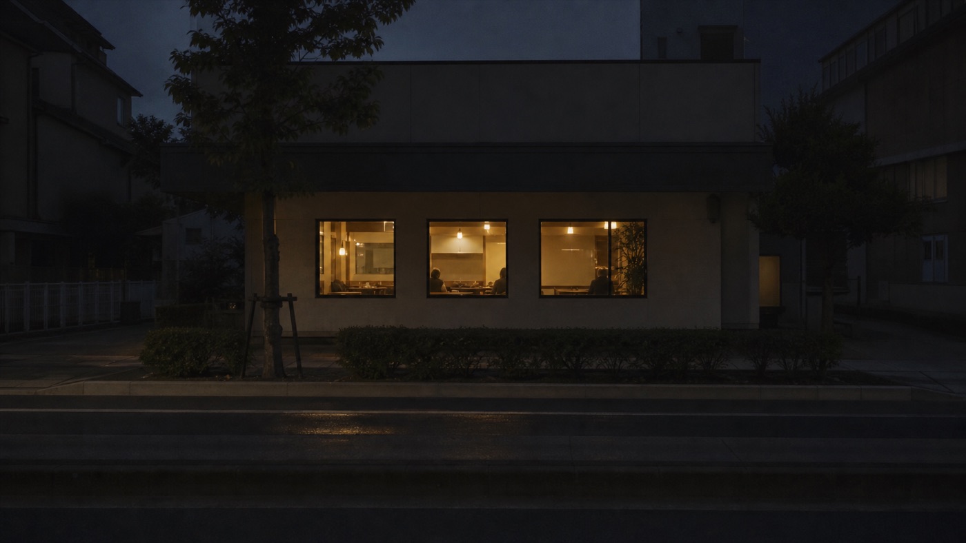 日が暮れたあと、窓に明かりのついた小さな店