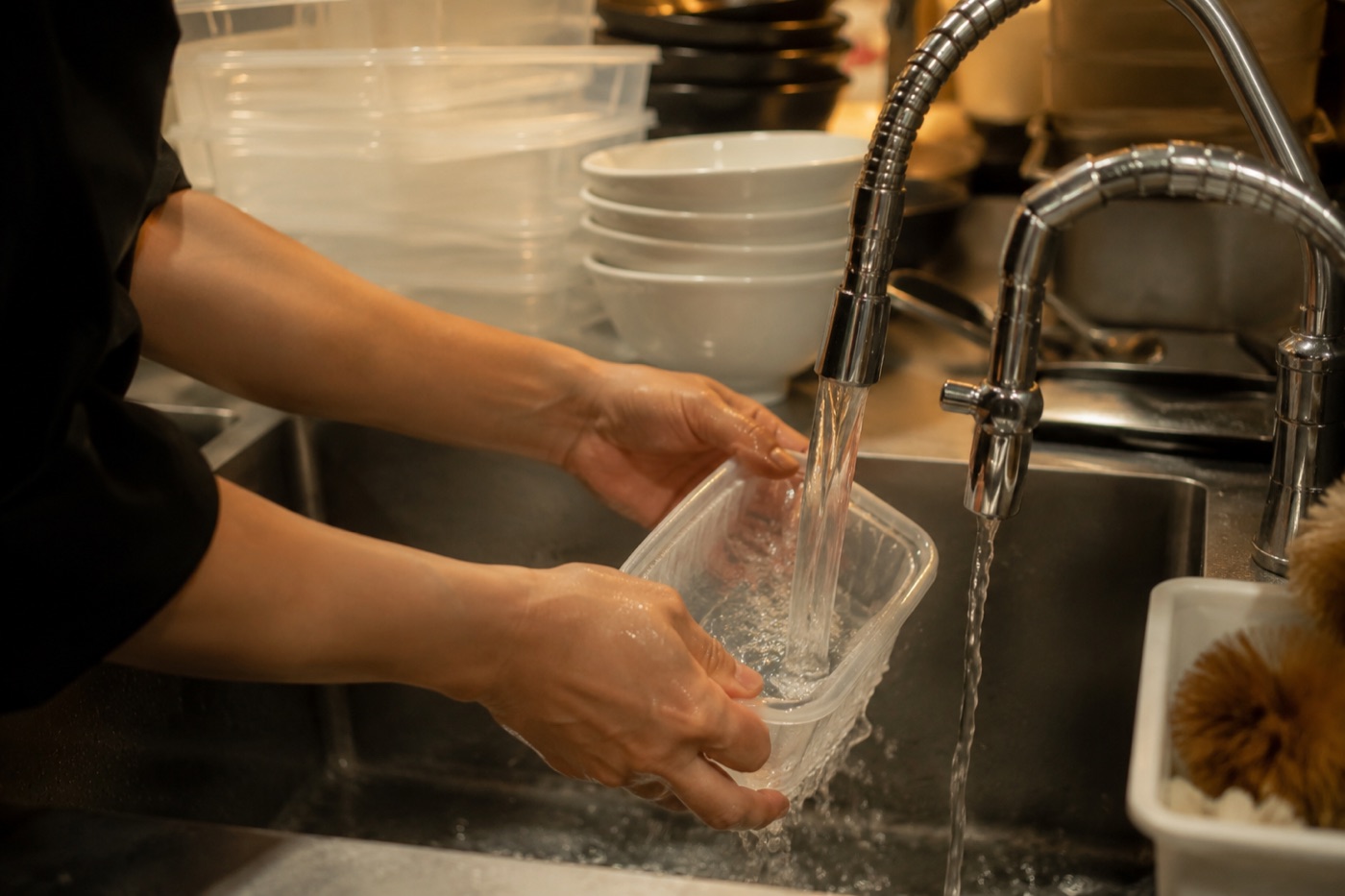 シンクで、プラスチック容器を水ですすぐ手元