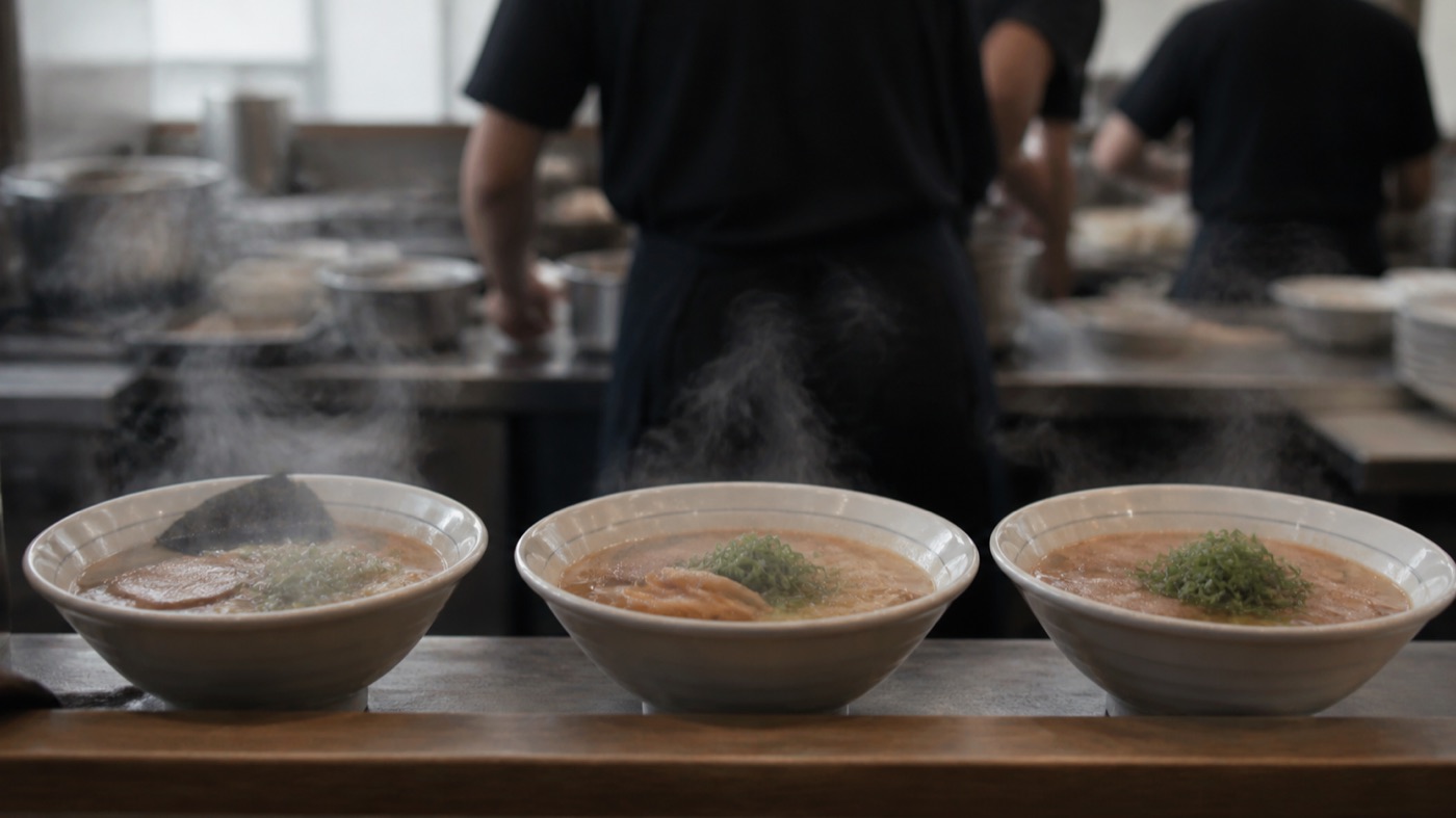 昼のピーク時の配膳台。湯気の立つ丼が並んでいる