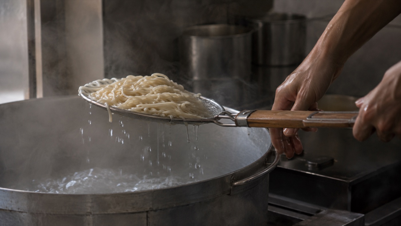 湯気の立つ釜から、平ざるで麺を引き上げる手元