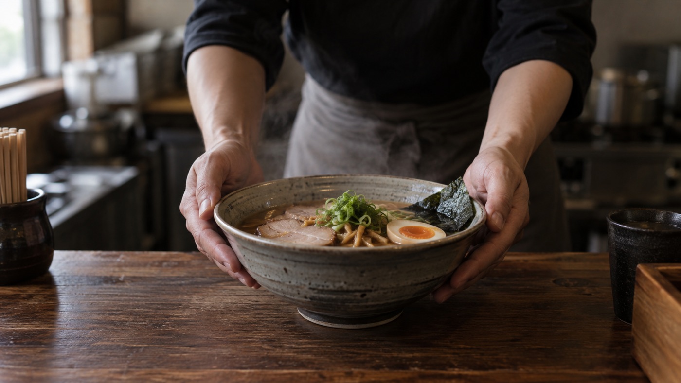 カウンター越しに、両手で丁寧に丼を置く手元