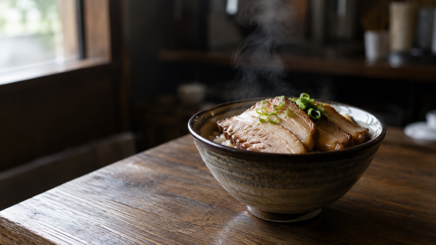 カウンターに置かれた、湯気の立つチャーシュー丼
