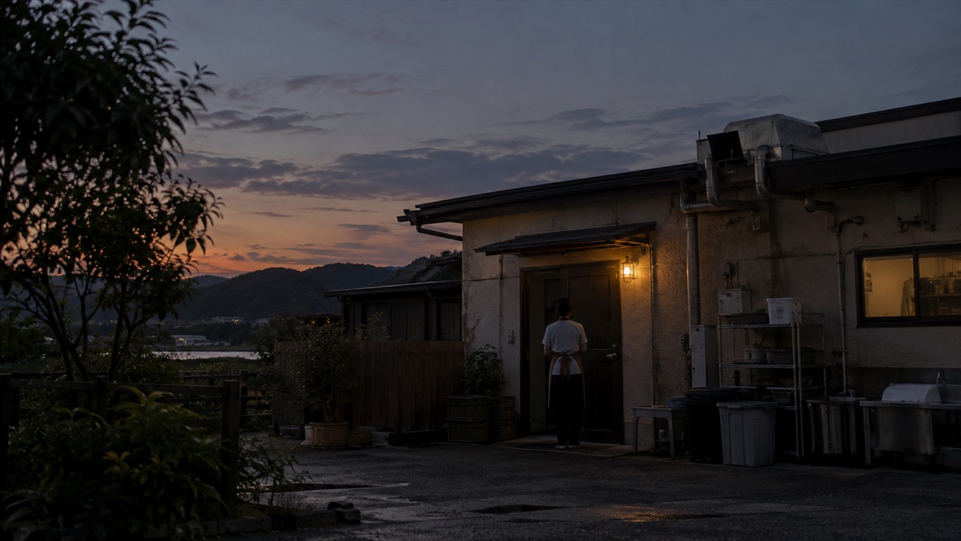 店の外、夕暮れの空と裏口の灯り