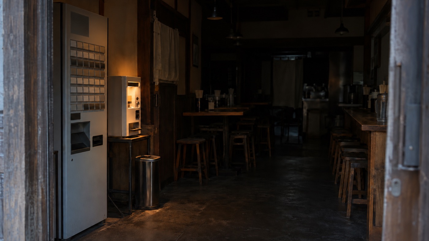 閉店後、両替機の横で灯りだけがついている店内