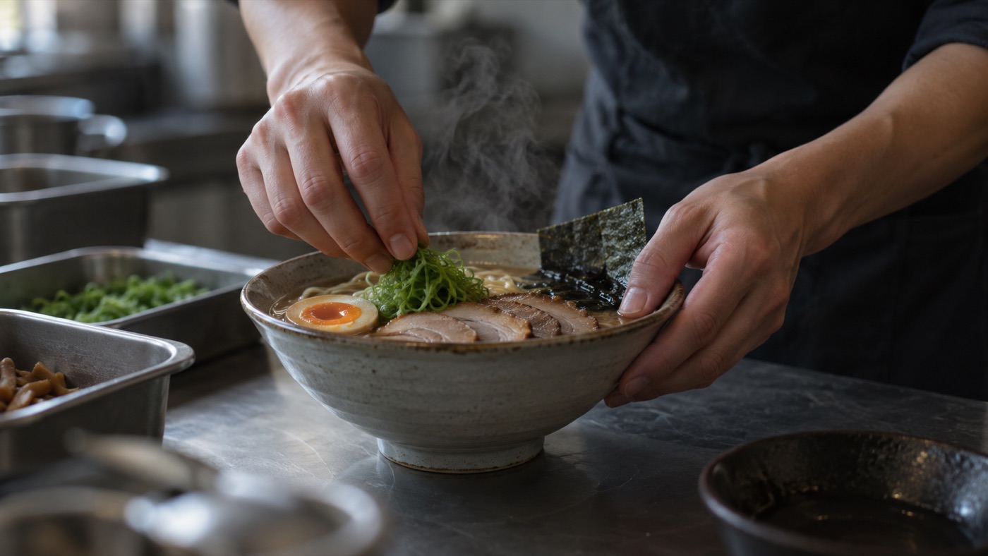 盛り付けの途中、湯気の上がる厨房の手元
