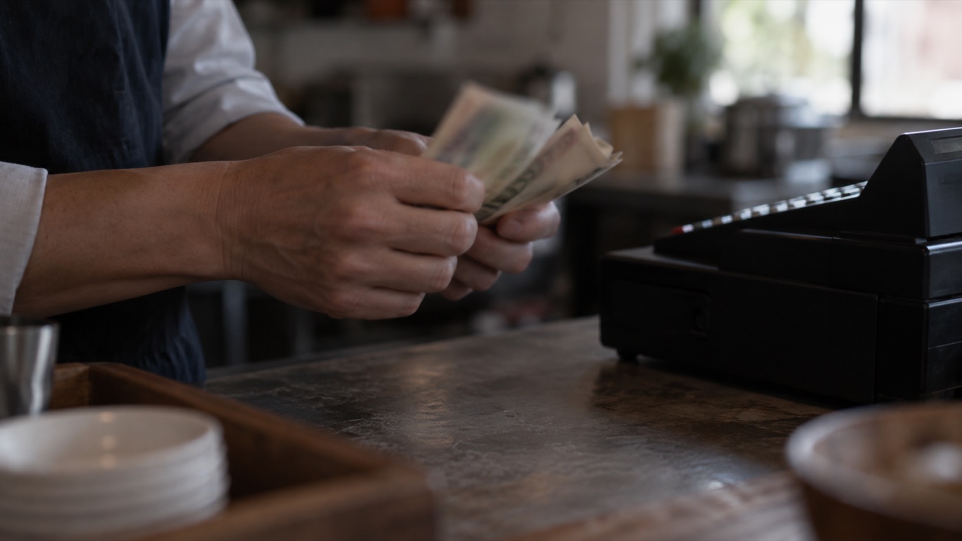 千円札を数える手元、レジの前