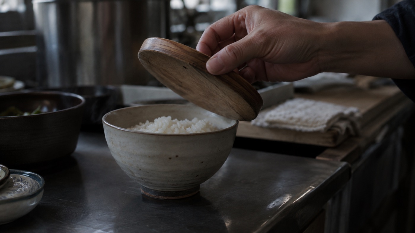 蓋を開けて、茶碗の中を確認する手元