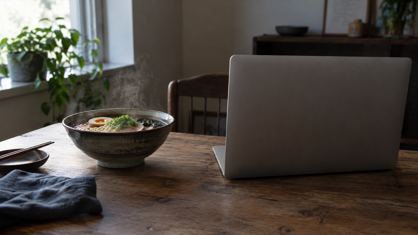 木のテーブルに、湯気の立つラーメンとノートパソコンが並んでいる