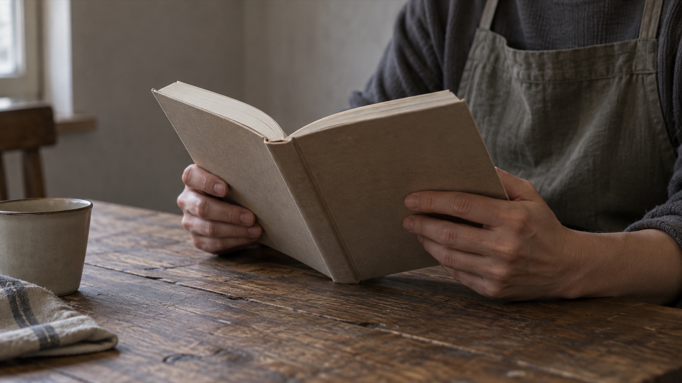 店の裏の休憩スペースで、本を読んでいる手元