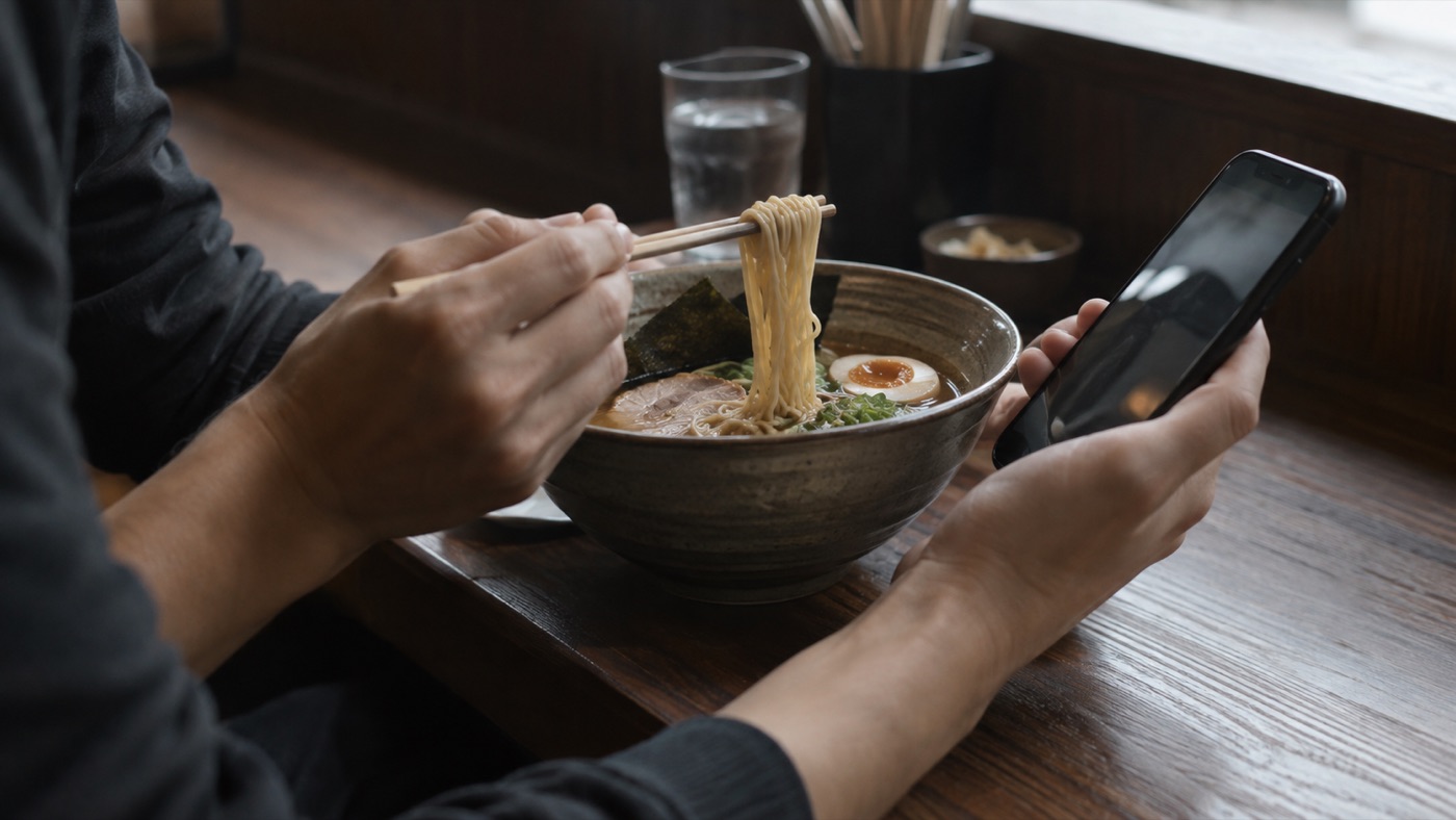 カウンター席で、スマホを見ながらラーメンを食べる人の手元