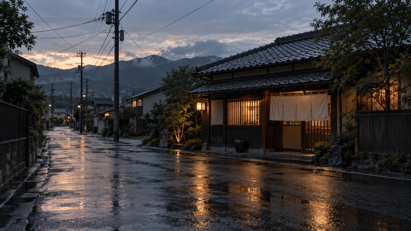 雨上がりの夕方、濡れた路面に店の窓明かりが映っている