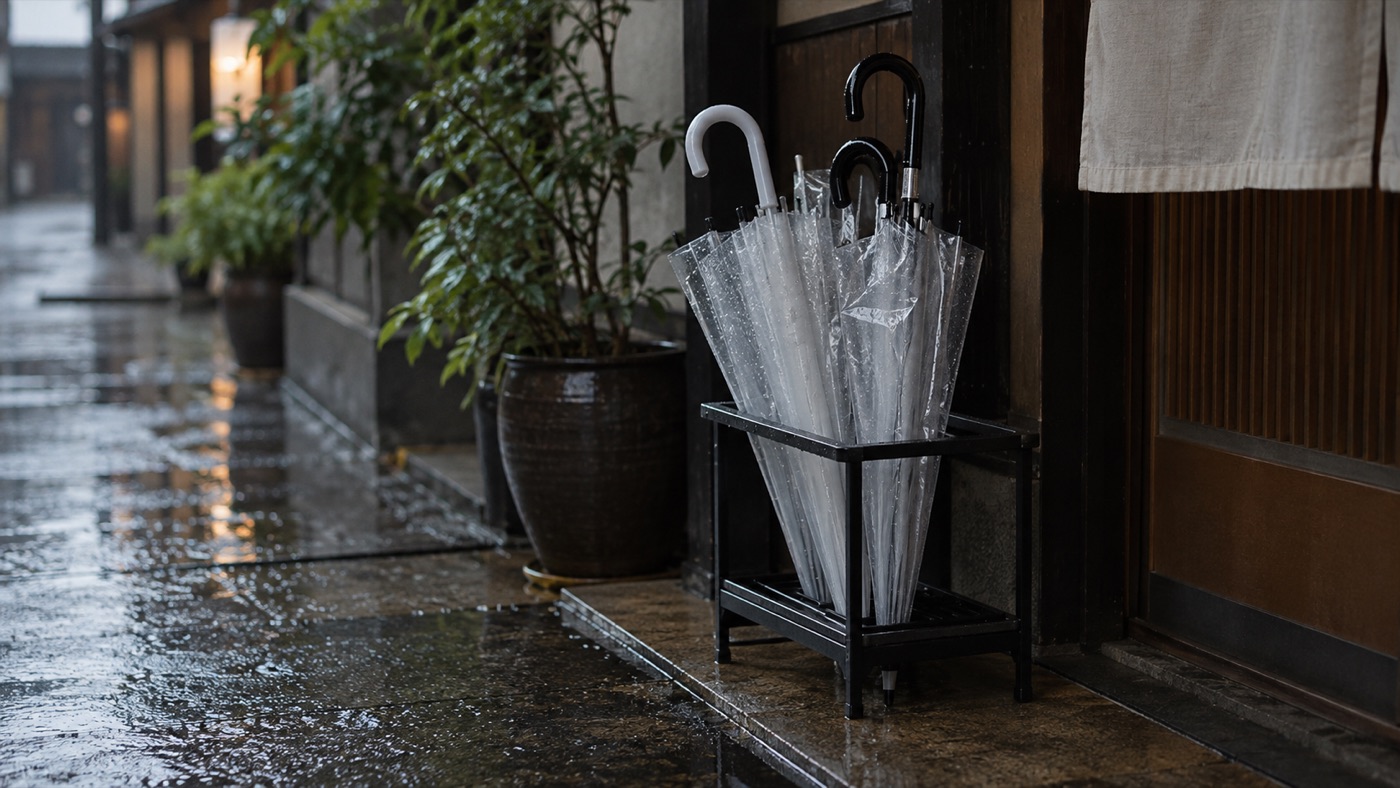 雨の日の店の入口、傘立てに濡れた傘が何本も差さっている