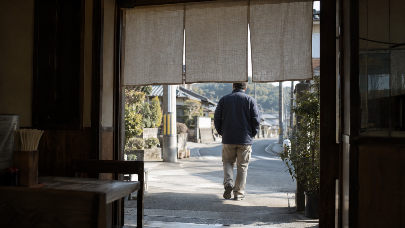 昼下がり、のれんの外をゆっくり歩いていく人の後ろ姿