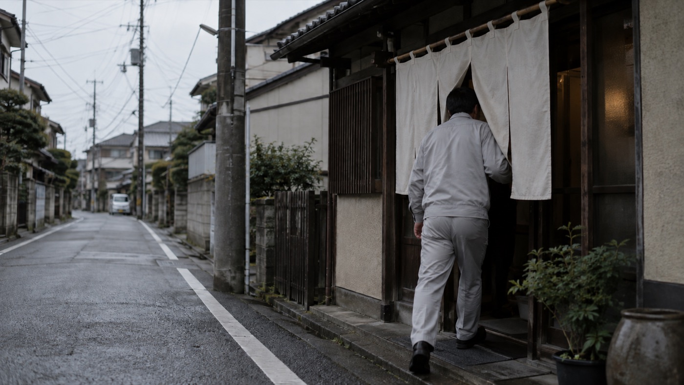 昼どき、急ぎ足でラーメン店ののれんをくぐる人の後ろ姿