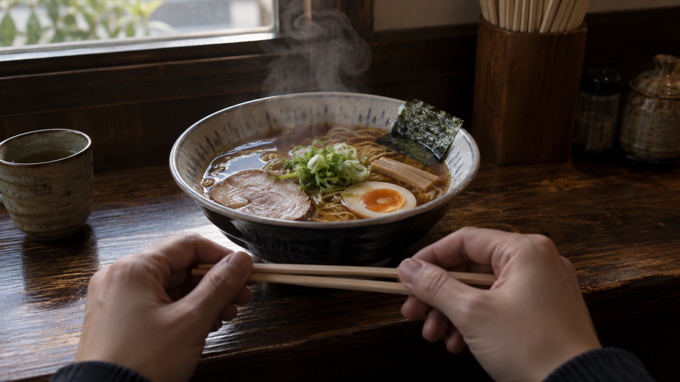 湯気の立つラーメンを前に、箸を持つ両手