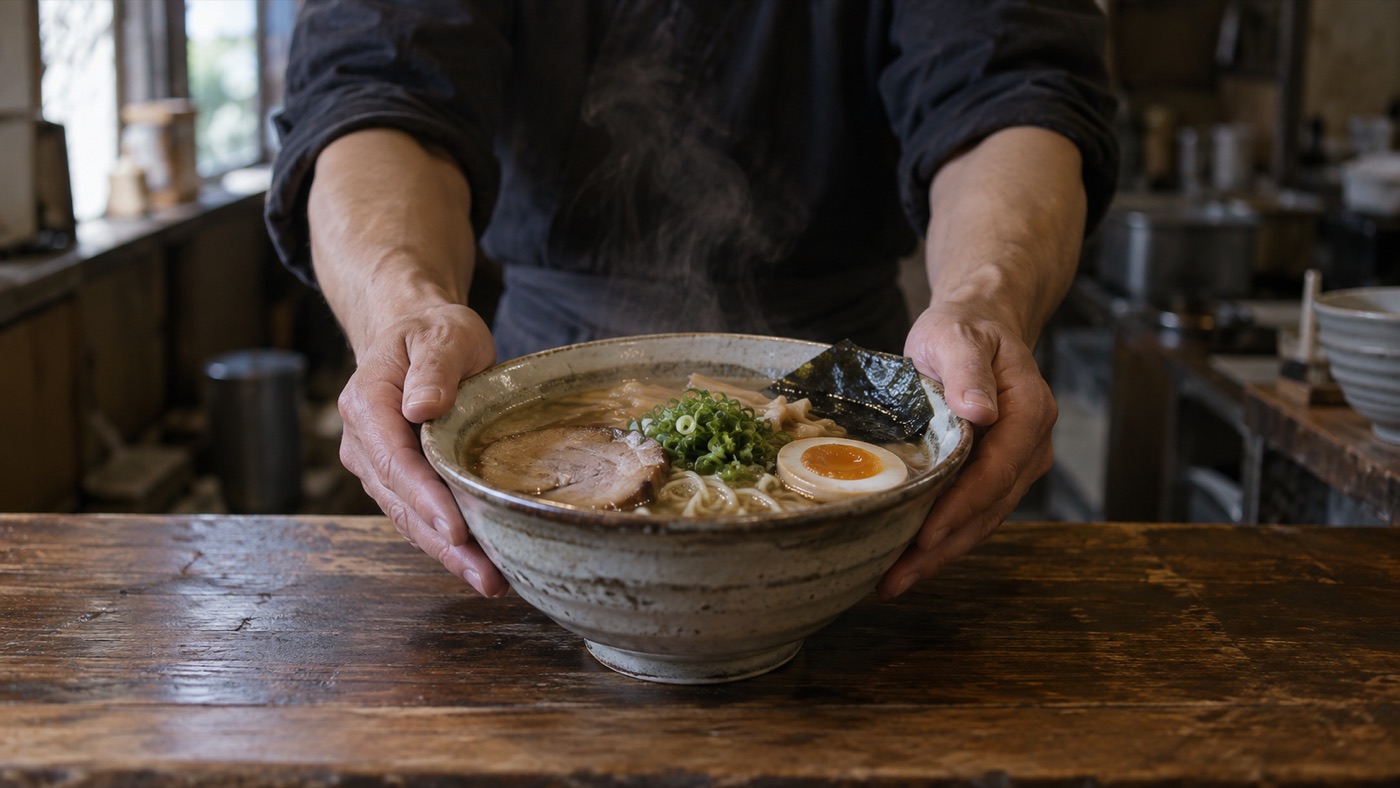 カウンター越しに、湯気の立つラーメンを両手で差し出す手元