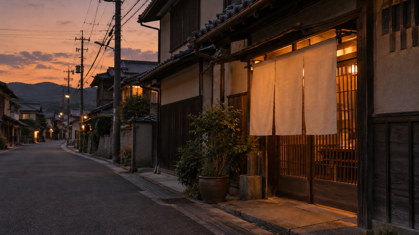 夕方、店の外から見た、灯りのついた小さな飲食店の入口