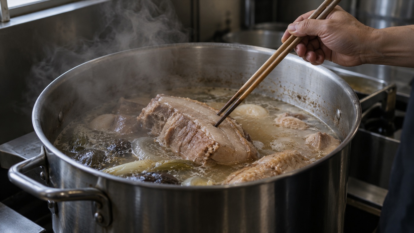 湯気の立つ寸胴の中の肉を、菜箸で押して確かめる手元
