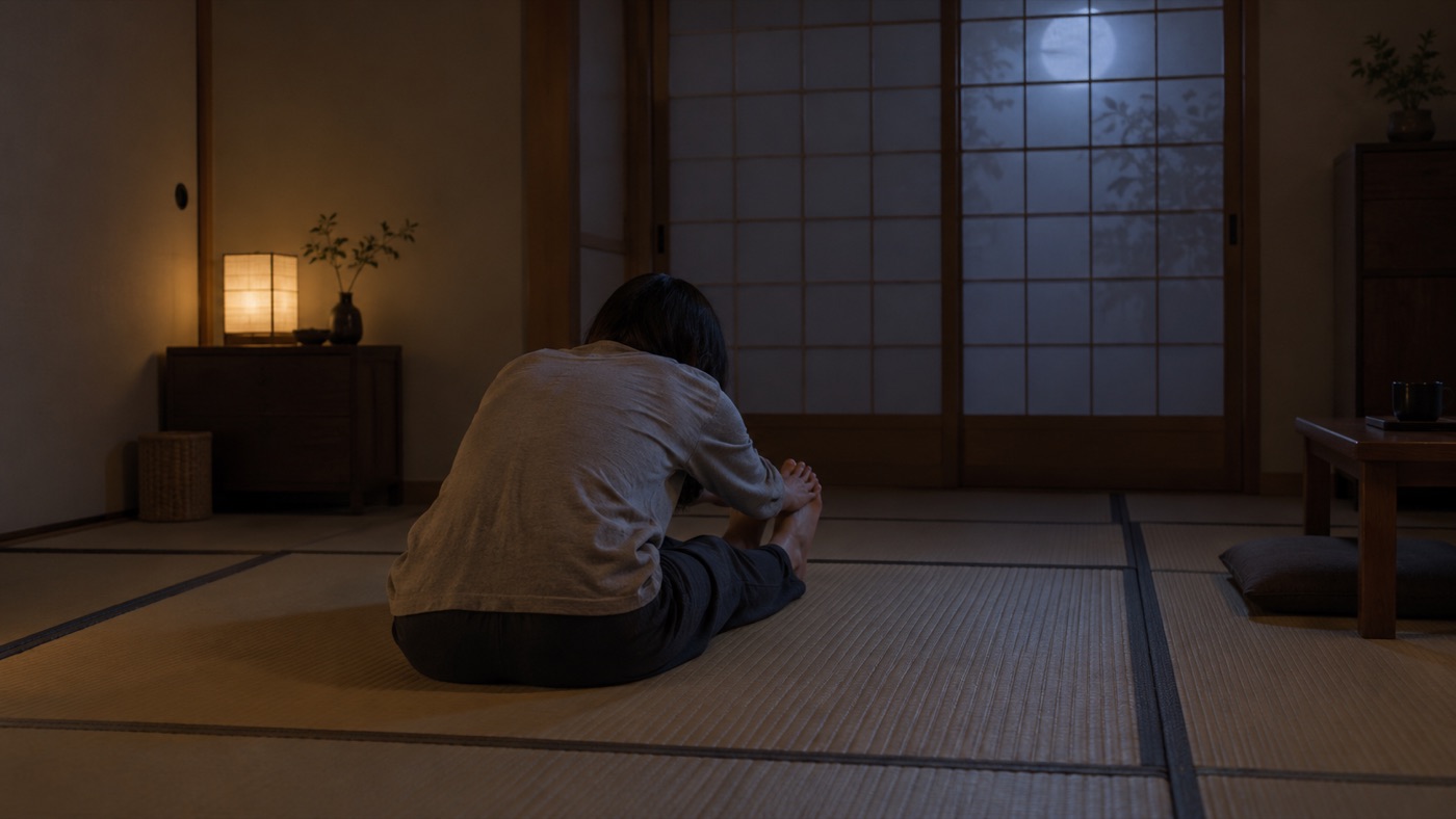 夜、畳の部屋でストレッチをする後ろ姿
